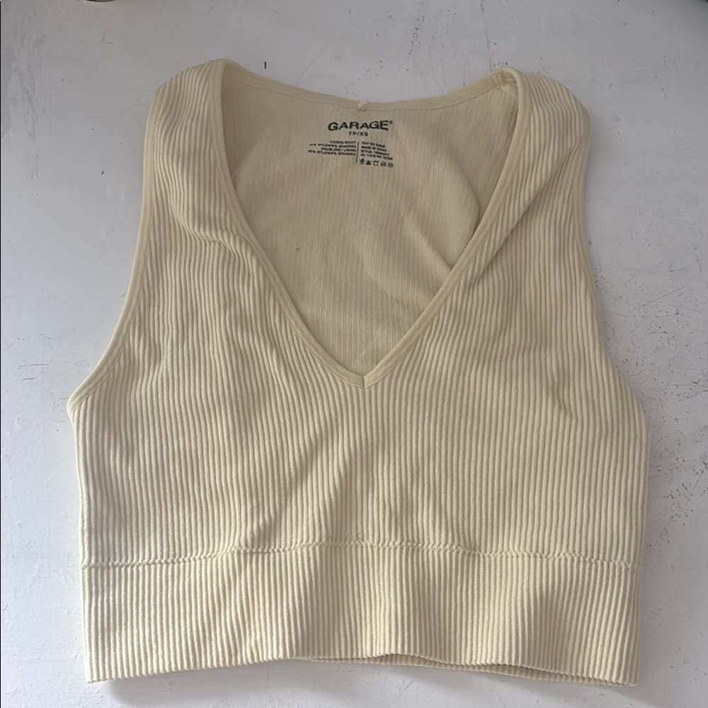 Garage WHITE AND YELLOW Ribbed Sleeveless Crop Tank Top